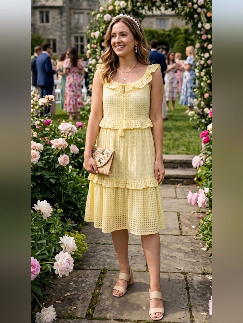Bindu Midi Dress S Butter Yellow Eyelet Cotton Tiered Ruffle Boho Summer Lined
